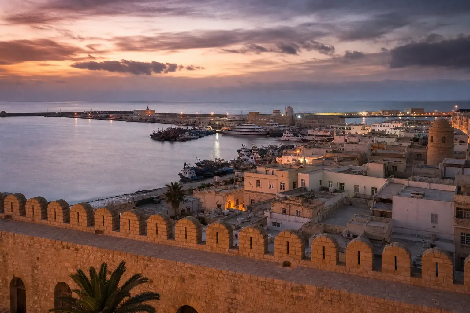 Sousse medina walls and harbor at dusk.