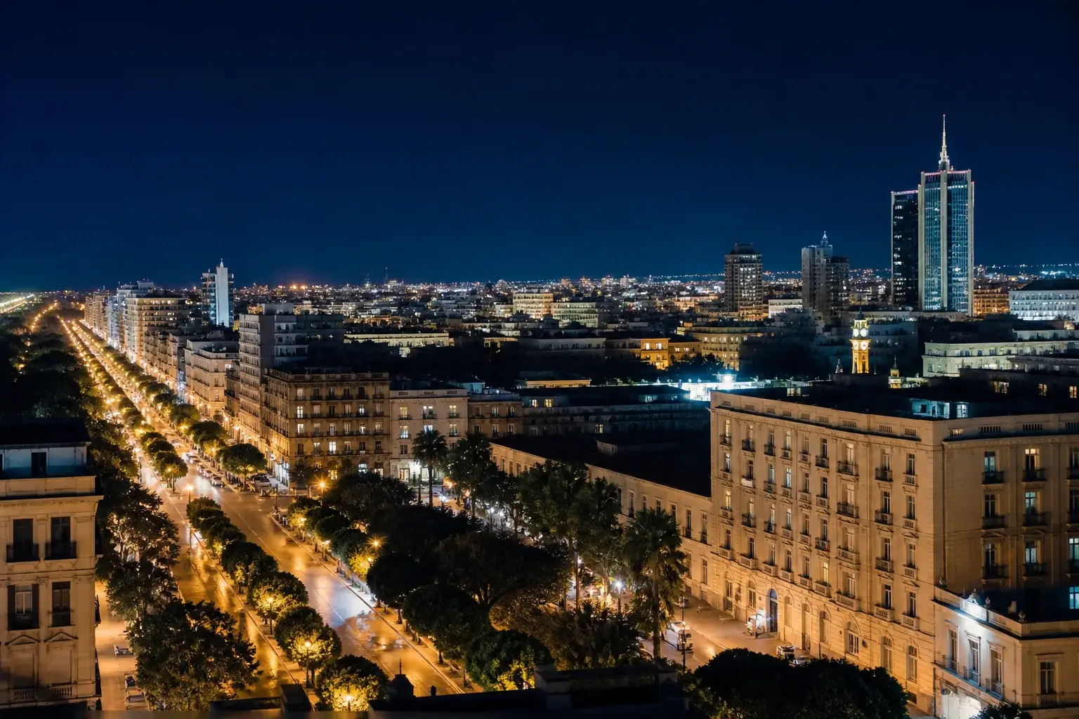 The contemporary skyline of Tunis at night.