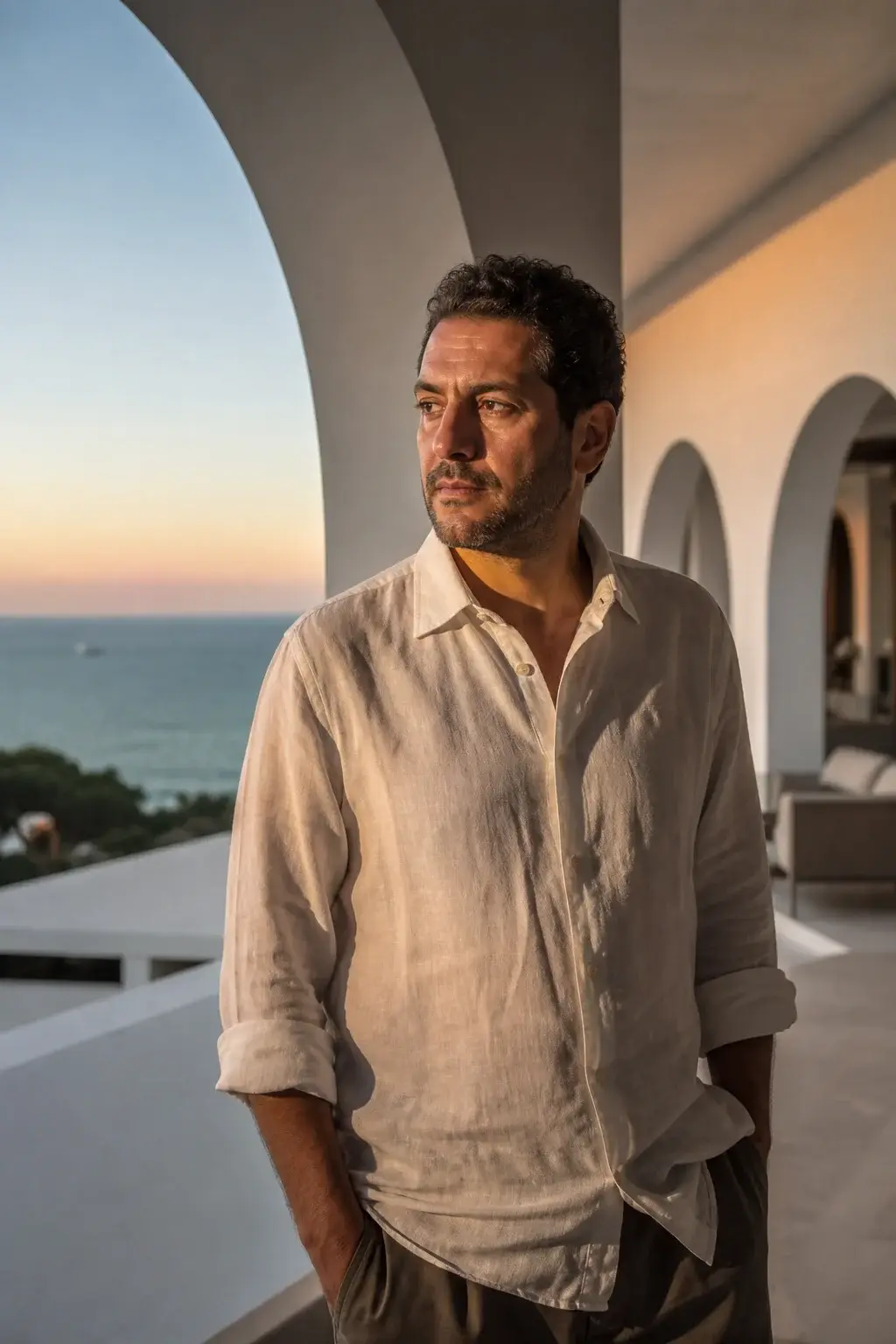 Portrait of Amine Karray among white arched architecture above the sea.