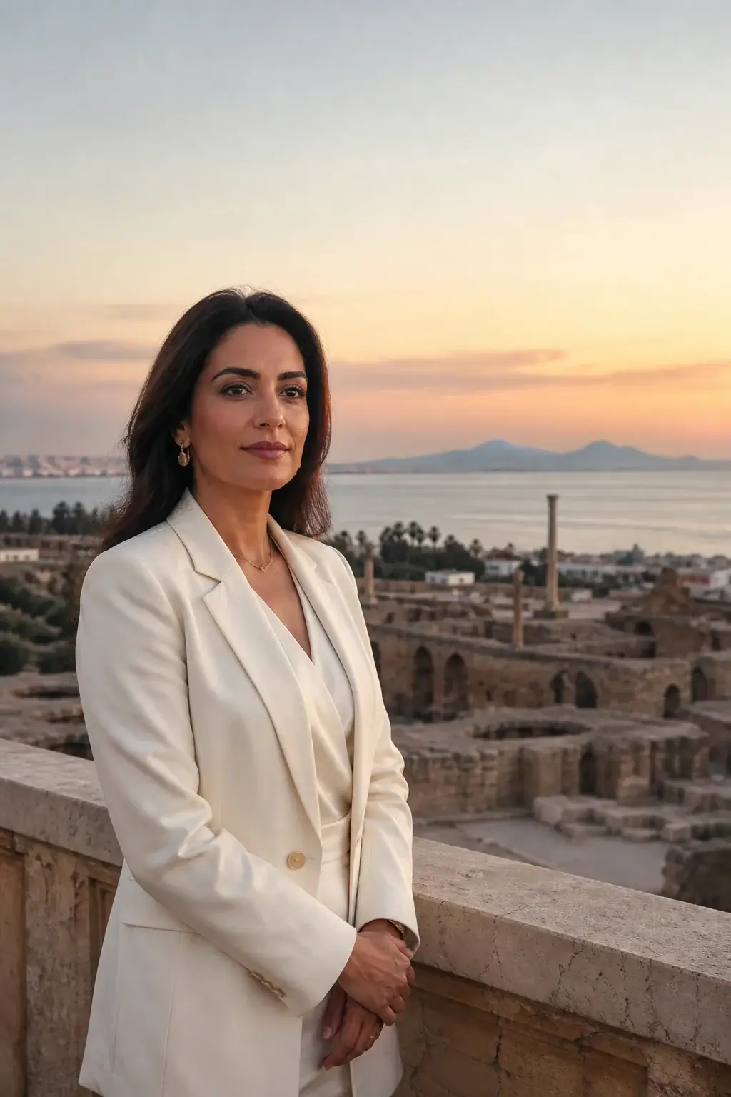Portrait of Sara El Mekki on a terrace overlooking Carthage and the Mediterranean.