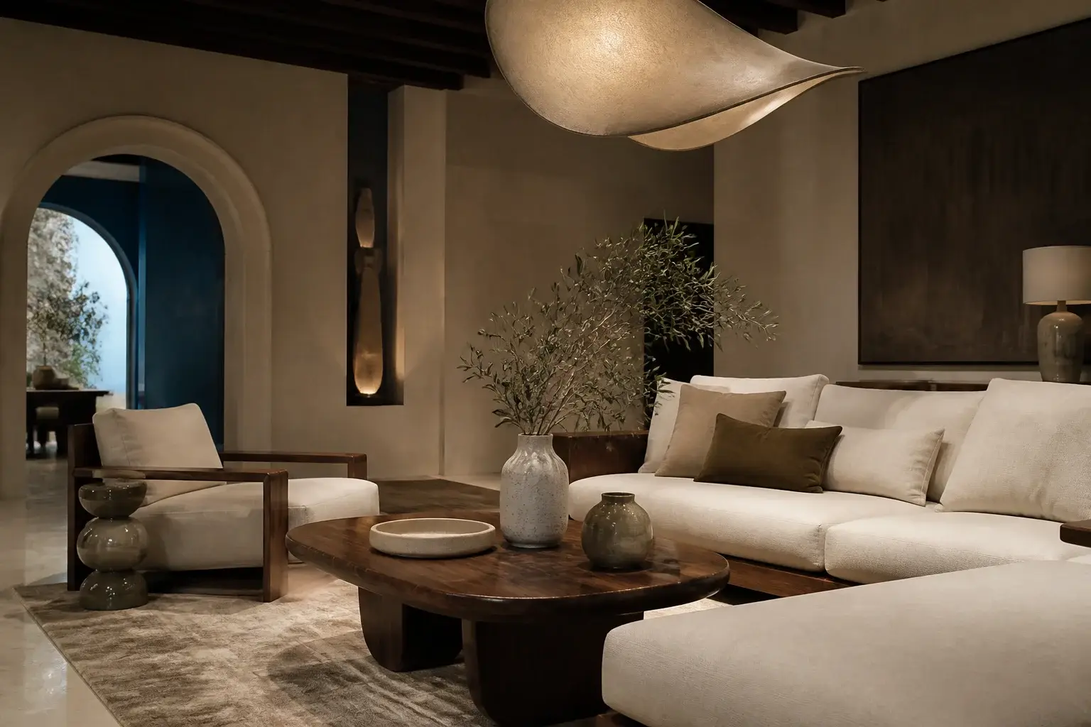 A contemporary living room with warm wood and Mediterranean light.